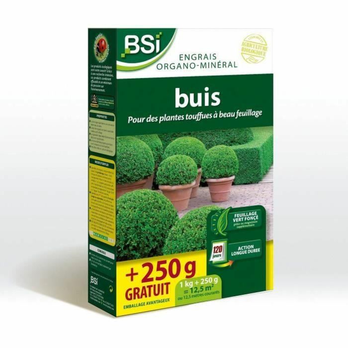 BSI 5420046620379 Abono Boj Orgánico, para follaje verde oscuro y brillante, acción duradera, 1Kg + 250g gratis (cubre hasta 12,5 m²) BSI 5420046620379 Abono Boj Orgánico, para follaje verde oscuro y brillante, acción duradera, 1Kg + 250g gratis (cubre hasta 12,5 m²)