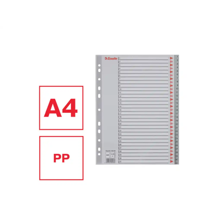 Esselte Índice Numérico Multitaladro 1-31 Polipropileno A4 Gris con Carátula Índice Cartón Color 1