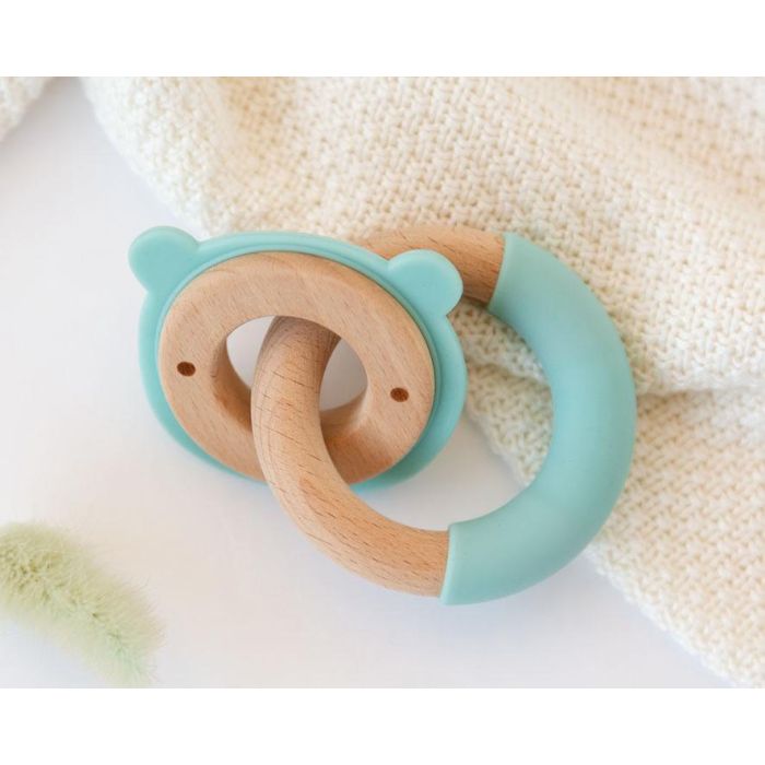 KioKids Mordedor para Bebé Madera de Haya y Silicona de Alta Calidad Oso Verde +3 Meses Masajea Encías Alivia Dentición Colección Ecofriendly