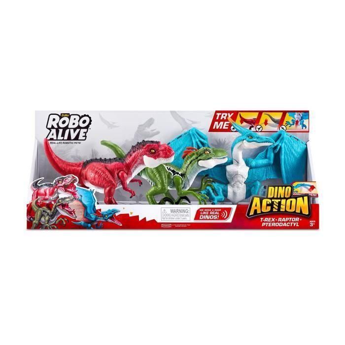 Pack Dinos - ZURU - Dino Action Mega Dinos 3 Pack - T-Rex, Velociraptor y Pterodáctilo interactivos y rugientes