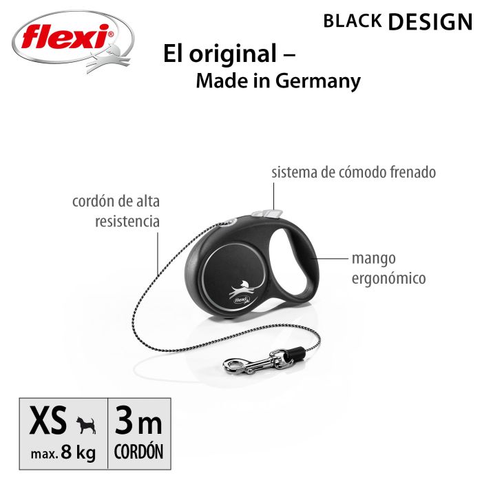 Flexi Correa Black Design XS Cordón 3M Silver para Perros Pequeños 2