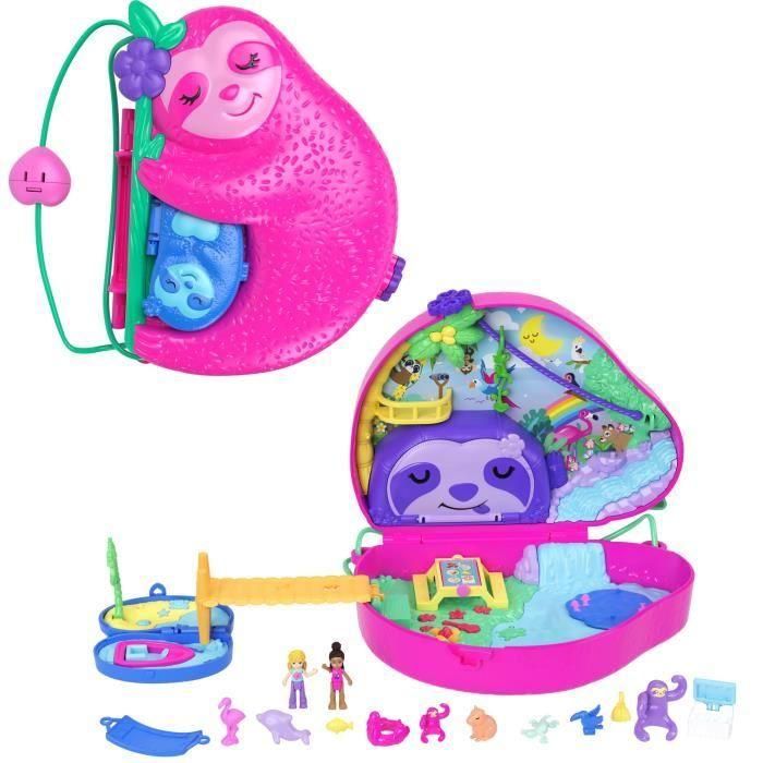 Mattel Hrd40 Polly Pocket Cofre Bolso Compacto Familia Perezosos 2 en 1 con 2 Muñecas y 12 Accesorios de Jungla Tropical +4 años