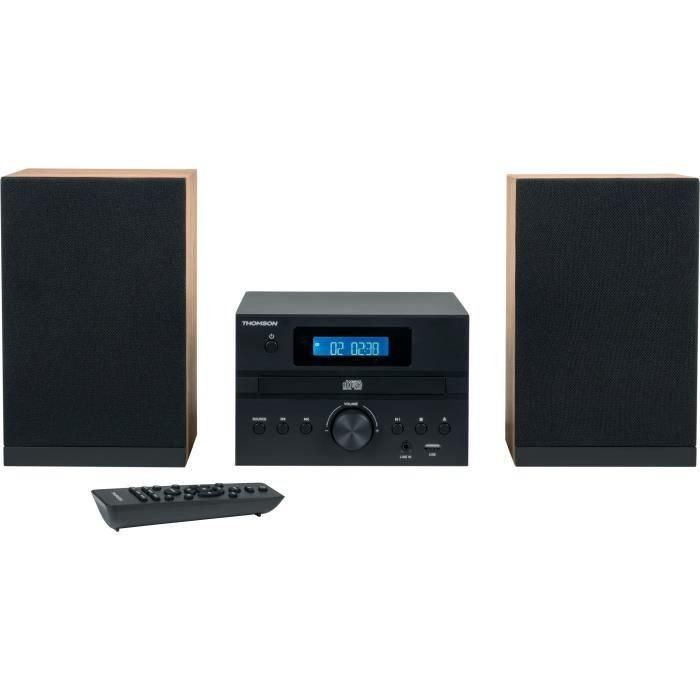 Microsistema Bluetooth - THOMSON - Madera/Negro - Radio FM/CD/MP3/USB, 20W RMS, Sintonizador FM RDS, Toma de auriculares, Mando a distancia, Fuente de alimentación. 230V 1