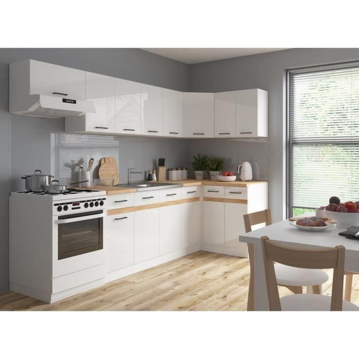 JUNONA Cocina completa de rincón 340cm - 10 elementos - Encimera incluida - Blanco brillo 1 JUNONA Cocina completa de rincón 340cm - 10 elementos - Encimera incluida - Blanco brillo 1