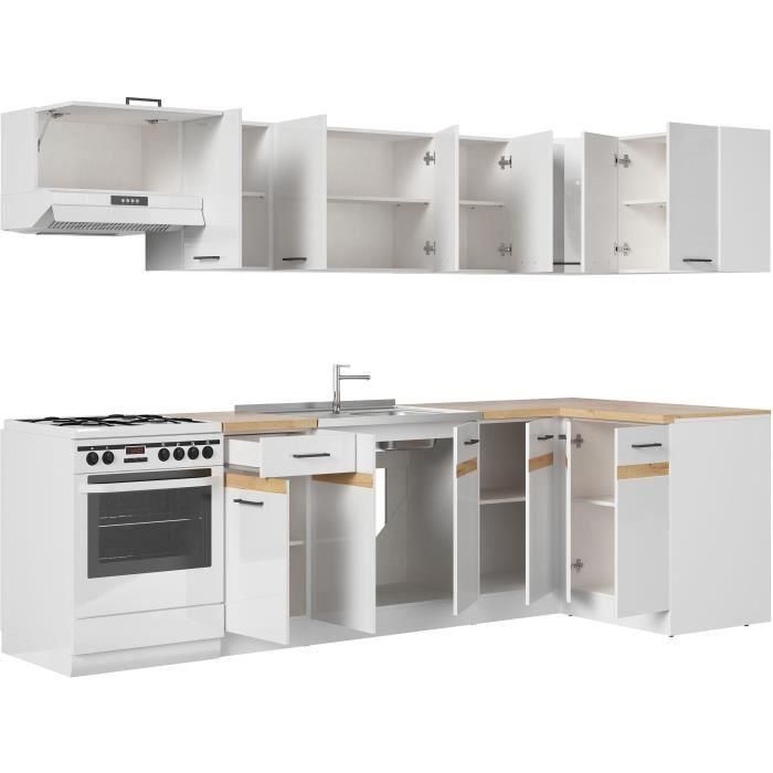 JUNONA Cocina completa de rincón 340cm - 10 elementos - Encimera incluida - Blanco brillo 2 JUNONA Cocina completa de rincón 340cm - 10 elementos - Encimera incluida - Blanco brillo 2