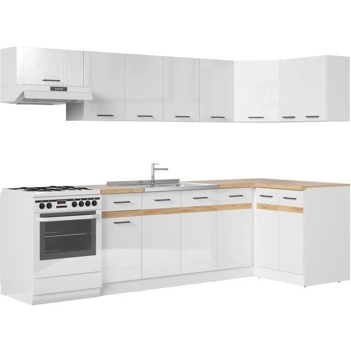 JUNONA Cocina completa de rincón 340cm - 10 elementos - Encimera incluida - Blanco brillo JUNONA Cocina completa de rincón 340cm - 10 elementos - Encimera incluida - Blanco brillo