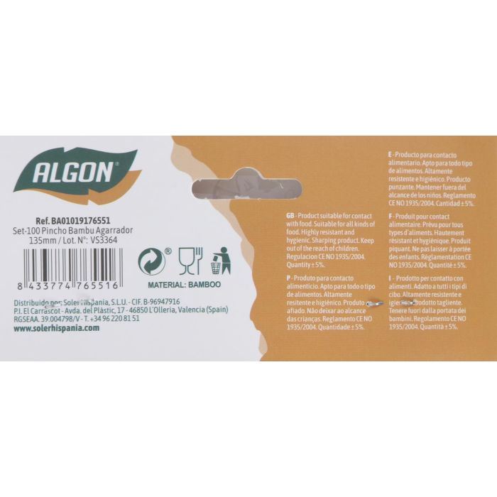 Set de 100 pinchos de bambú agarrador 135 mm Algon (18 Cajas) 5 Set de 100 pinchos de bambú agarrador 135 mm Algon (18 Cajas) 5