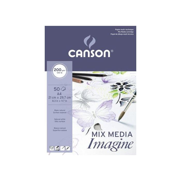 Canson Imagine DIN A4 Bloc Dibujo Multitécnicas 50 Hojas 200 gr/m² Liso Blanco Papel Táctil para Técnicas Secas y Húmedas