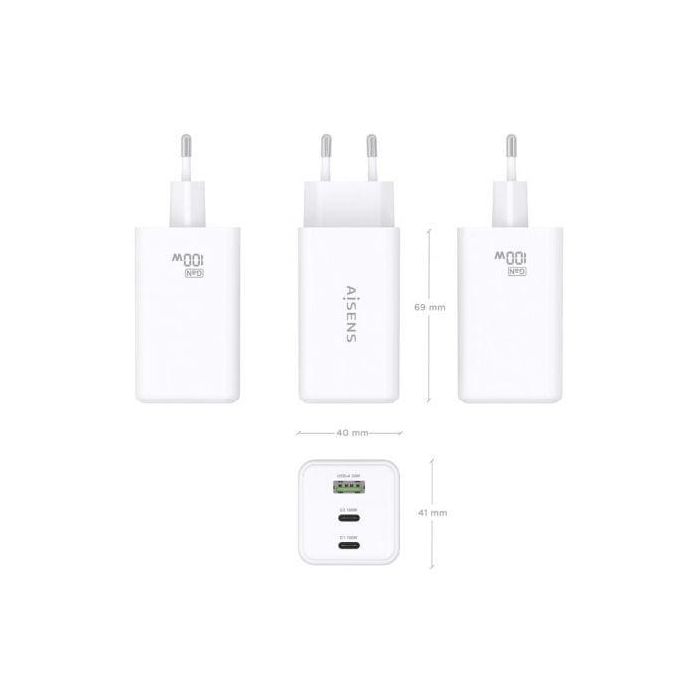 Cargador de Pared GaN Aisens ASCH-100W3P051-W/ 2xUSB Tipo-C/ 1xUSB/ 100W 3