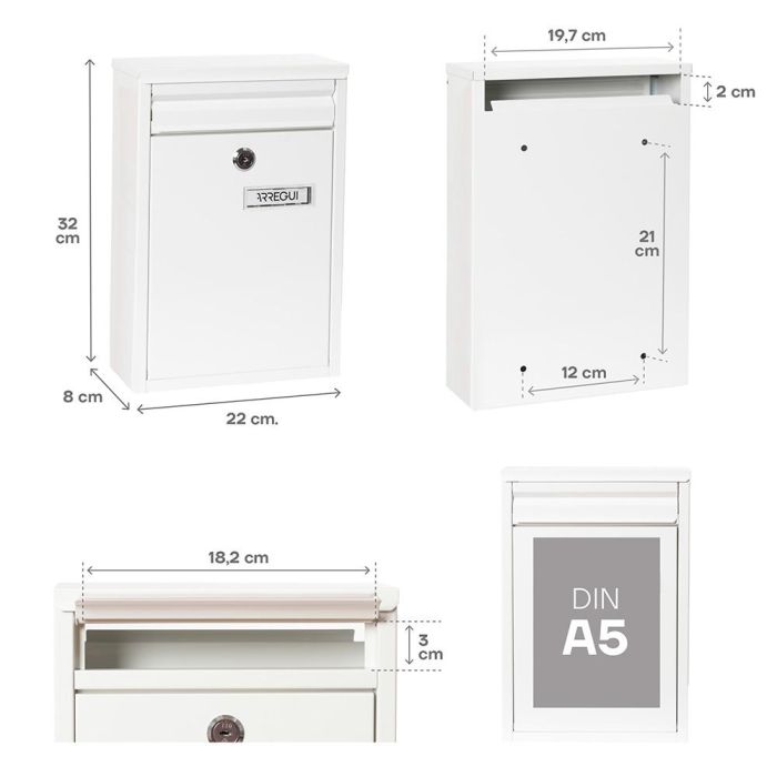 Arregui Buzón Exterior Individual Pequeño A5 Zaguan, Acero Galvanizado Blanco, Apertura Vertical Posterior, 22x8x32 cm 3
