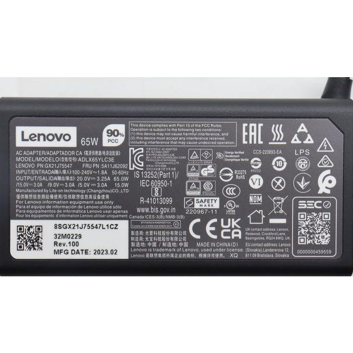 Lenovo 65W USB-C Power Adapter, Soporta 20V, 15V, 9V y 5V, Adaptador de Corriente para Laptops y Dispositivos Lenovo