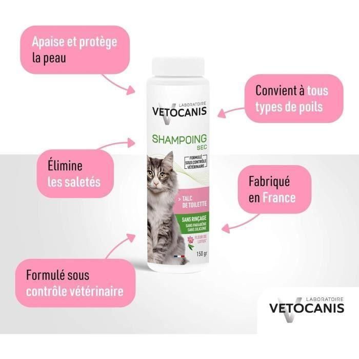 Vetocanis Champú Seco sin Enjuague para Gatos, Polvo de Talco, Absorbe Grasa y Suciedad, Deja Pelaje Limpio 1