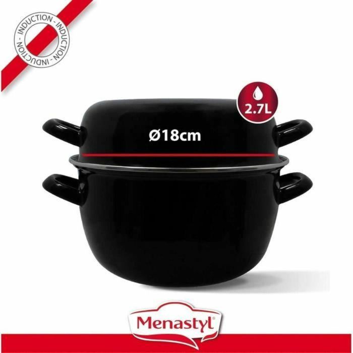 THEKITCHENETTE 3645567 Olla para mejillones 2.7L Acero Esmaltado Negro, Tapa Reversible Plato/Conchas, Todas Fuentes de Calor Inducción 20cm 5