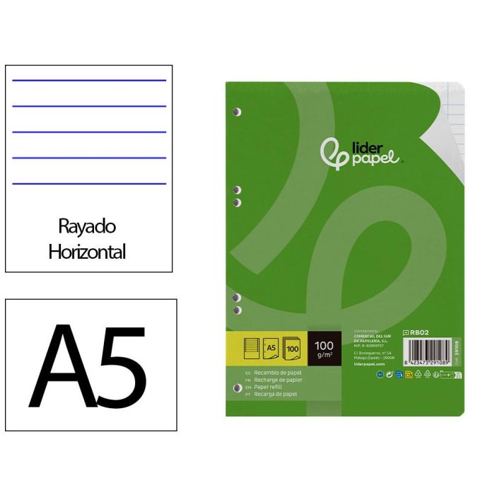 Recambio Liderpapel A5 100 H 100 gr-M2 Horizontal Doble Margen 6 Taladros