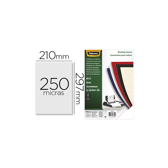 Fellowes Tapas Encuadernación A4 Cartón 250 gr símil Piel Delta Cuero FSC Negro Pack 100 Ud 0 Fellowes Tapas Encuadernación A4 Cartón 250 gr símil Piel Delta Cuero FSC Negro Pack 100 Ud 0