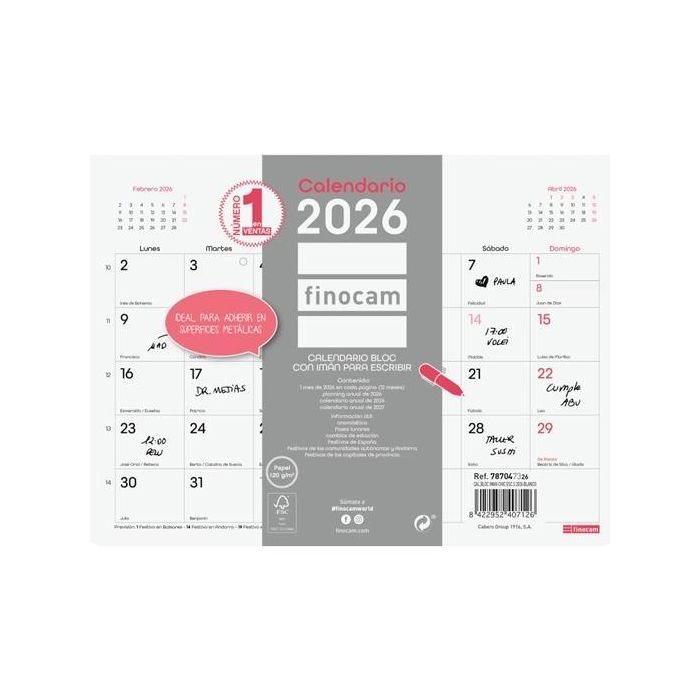 Finocam Calendario Bloc con Imán para Escribir S-210x150 mm MV Chic Blanco 2026, Planificación Diaria Anual con Festivos