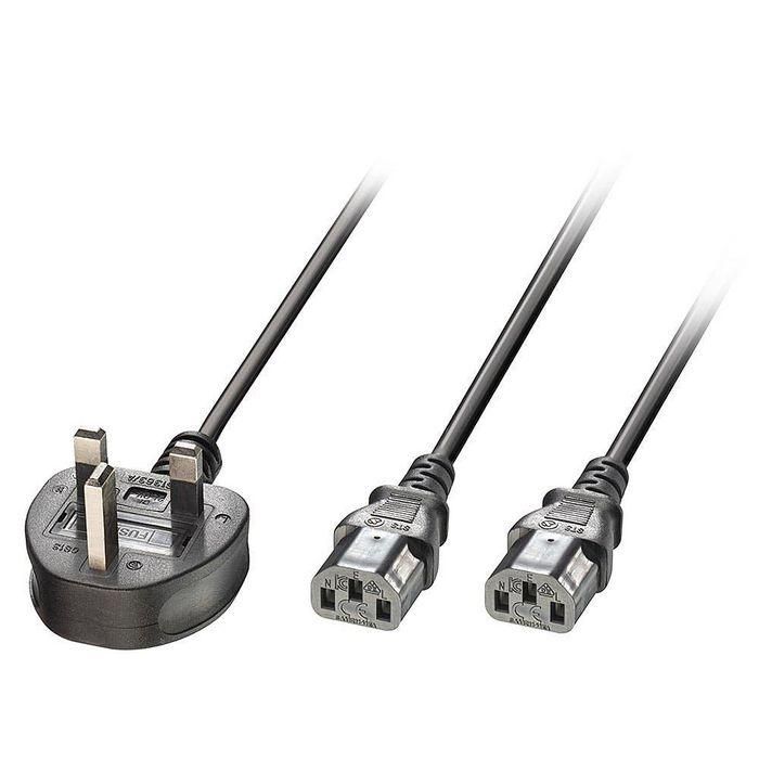 Lindy 2.5m UK 3 Pin Plug to 2 x IEC C13 Splitter Extension Cable, Black Lindy 2.5m UK 3 Pin Plug to 2 x IEC C13 Splitter Extension Cable, Black