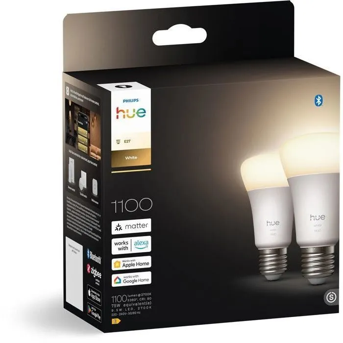Philips Hue Pack de 2 Bombillas LED A60 Conectadas AABUO37070, Luz Blanca Cálida 2700K, 9.5W (Equivalente 75W), 1100 Lúmenes, Casquillo E27