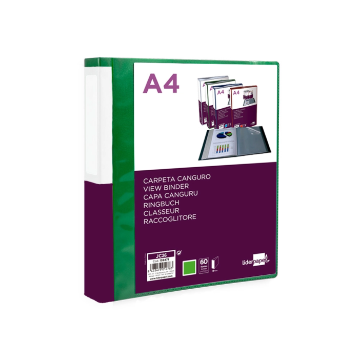 Liderpapel Carpeta 60 Fundas Canguro PP DIN A4 Verde Translúcido Portada y Lomo Personalizable 2