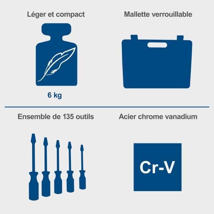 Maletín de herramientas de 135 piezas - SCHAPPACH - TB170 - Herramientas de acero al cromo vanadio - Maletín con cerradura 3