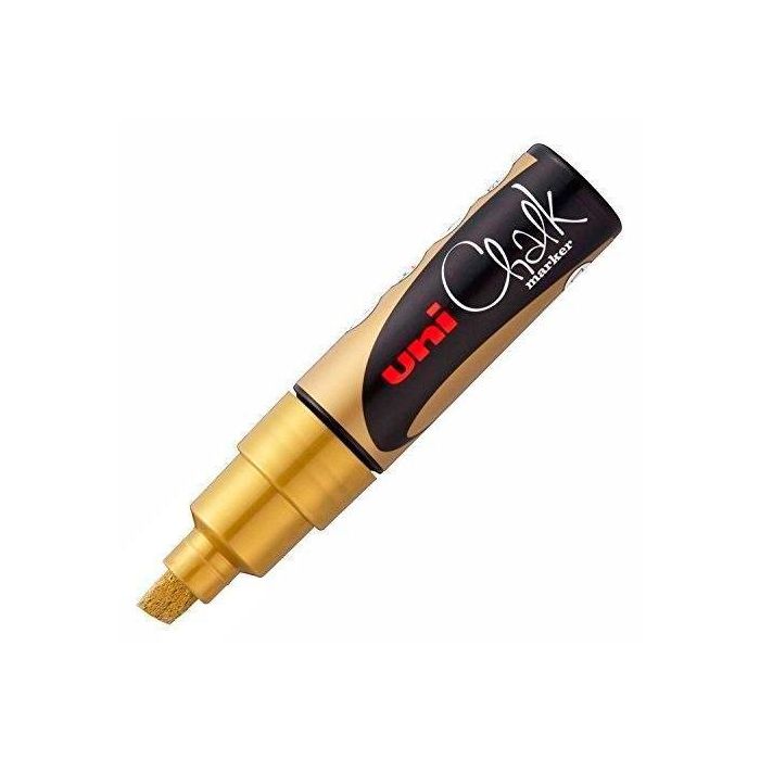 Uni-Ball Marcador Tiza Líquida PWE-8K Punta Biselada Oro, Borrado Húmedo, para Pizarras y Vidrio (Pack 6 Unidades) (6 Unidades)