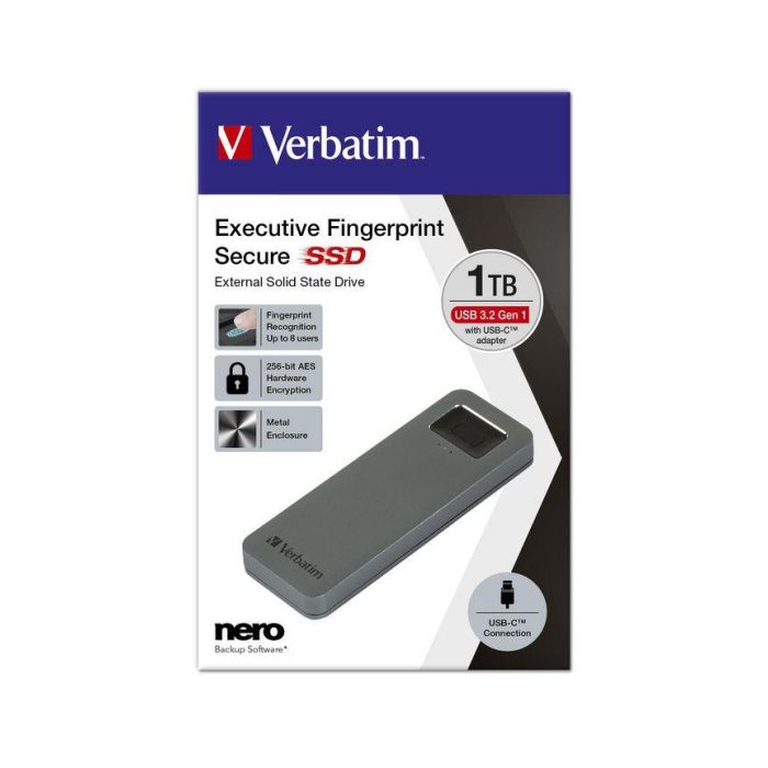 Verbatim SSD Portátil 1 TB USB-C con Lector de Huella Dactilar, Cifrado AES 256-bit, 5Gbps, Gris Verbatim SSD Portátil 1 TB USB-C con Lector de Huella Dactilar, Cifrado AES 256-bit, 5Gbps, Gris