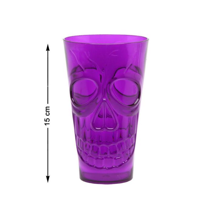 Vaso morado con relieve de calavera de 15x9 cm para fiestas temáticas de Halloween