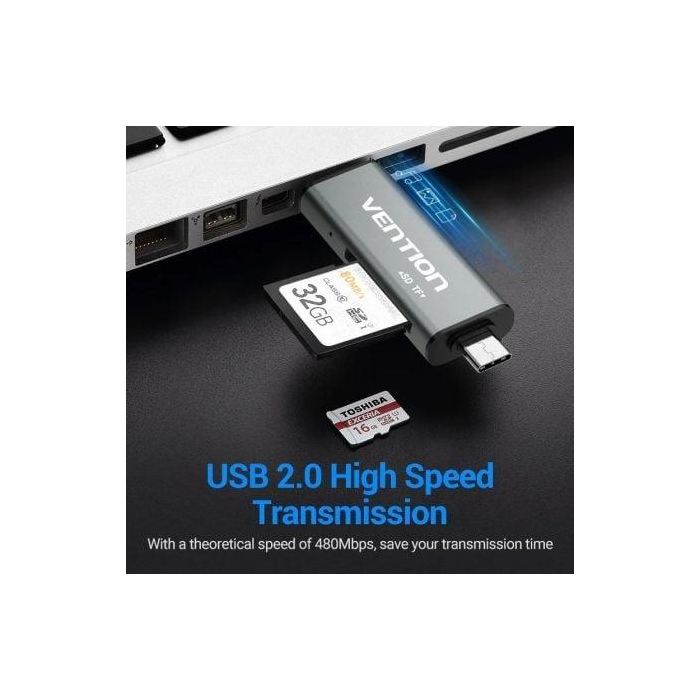Vention CCJH0 Lector de Tarjetas Externo USB 2.0/USB-C/Micro USB Multitarjeta TF/SD 256GB Carcasa Aleación Aluminio Gris 2 Vention CCJH0 Lector de Tarjetas Externo USB 2.0/USB-C/Micro USB Multitarjeta TF/SD 256GB Carcasa Aleación Aluminio Gris 2