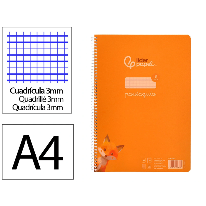 Liderpapel Cuaderno espiral A4 Pautaguía tapa plástico 80 hojas 90gr cuadro pautado 3mm con margen color naranja 0 Liderpapel Cuaderno espiral A4 Pautaguía tapa plástico 80 hojas 90gr cuadro pautado 3mm con margen color naranja 0