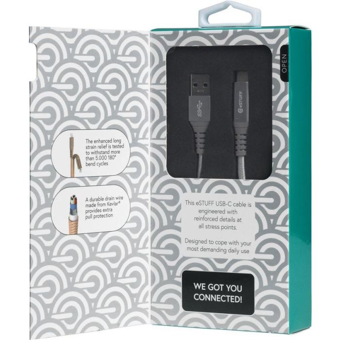 eSTUFF Cable USB-C a USB-A 1m Gris de Nylon Trenzado, Conectores Metálicos Reforzados, Serie Allure 3