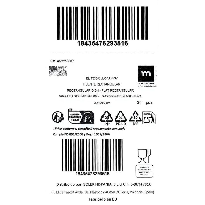 La Mediterranea Bandeja Rectangular Anya 20 x 13 cm (24 Unidades)