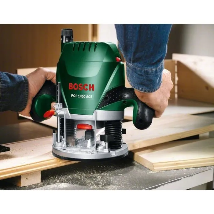 Bosch POF 1400 ACE Router con bloqueo de husillo, tope de profundidad y accesorios incluidos 3