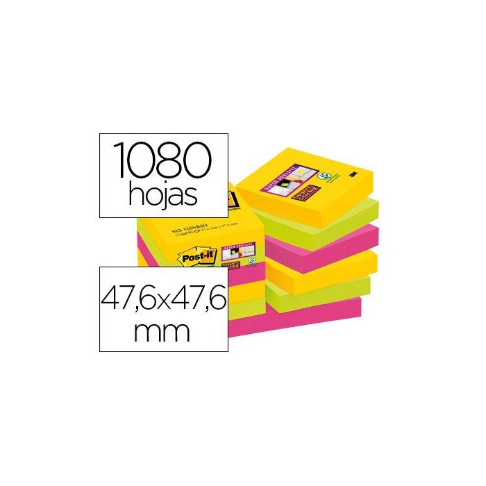 Post-It Notas Adhesivas Super Sticky 3 Colores Lugares Carnival 47,6x47,6 -12 Blocs- 90Hojas