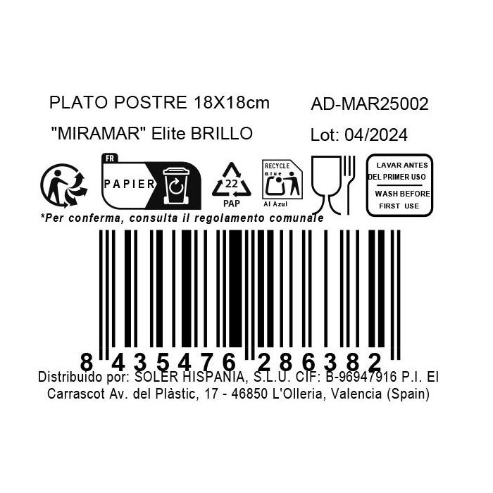 Inde Plato Postre Mira Mar Elite Brillo, 18 x 18 x 2 cm, Cristalería de Lujo para Postres, Plato Cuadrado (12 Unidades)