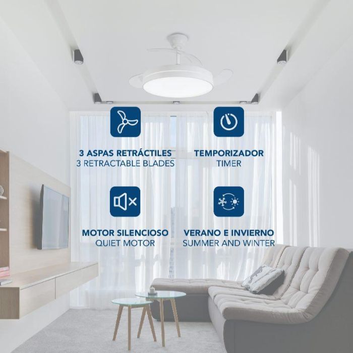 DAEWOO Ventilador de Techo con Aspas Retráctiles de 42 Pulgadas, LED 36W, Control por App, 3 Velocidades, Motor 30W