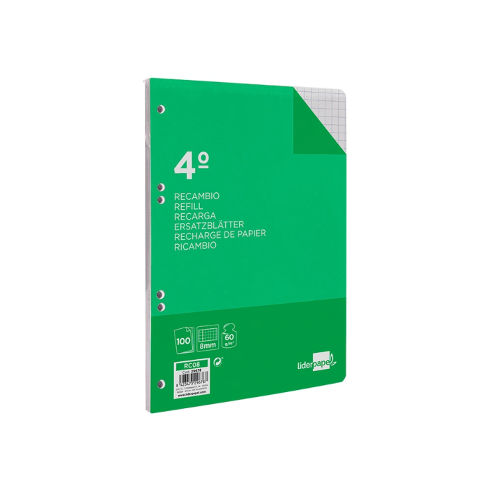 Liderpapel Recambio Cuarto 100 Hojas 60gr Cuadro 8mm Con Margen 6 Taladros 5