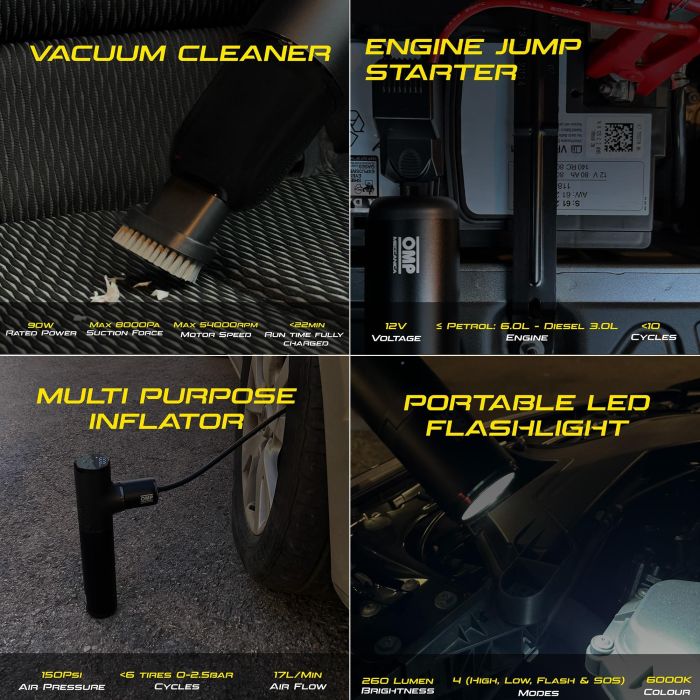 Omp OMPS19200001 Arrancador, Compresor de Aire, Aspiradora, Linterna y Power Bank Portátil Multifunción 5 en 1 con Estuche 2