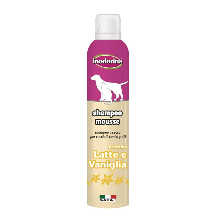 Inodorina Champú Mousse Seco Sin Aclarado para Perros, Gatos y Cachorros - Leche-Vainilla 300 ml