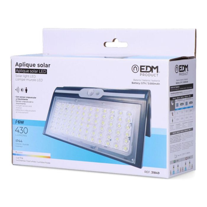 Edm Aplique Solar 6W 430lm 6500K con Sensor, Color Negro 3