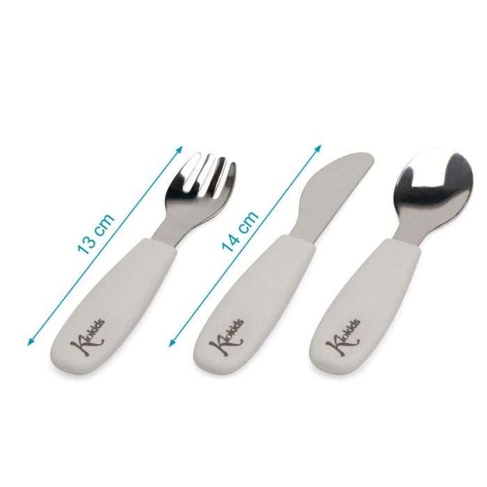 KioKids Set Cubiertos Infantiles Acero Inoxidable y Silicona, Mangos Antideslizantes, Bordes Redondeados, Lavavajillas, Gris, +6 meses, 14 cm 3