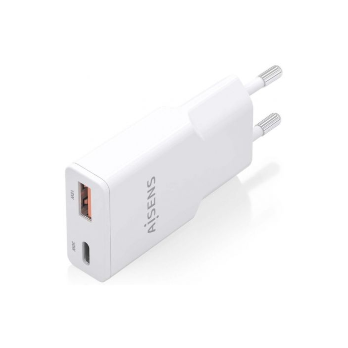 Cargador GaN de Pared Aisens ASCH-30W2P046-W/ 1xUSB Tipo-C/ 1xUSB/ 30W 1