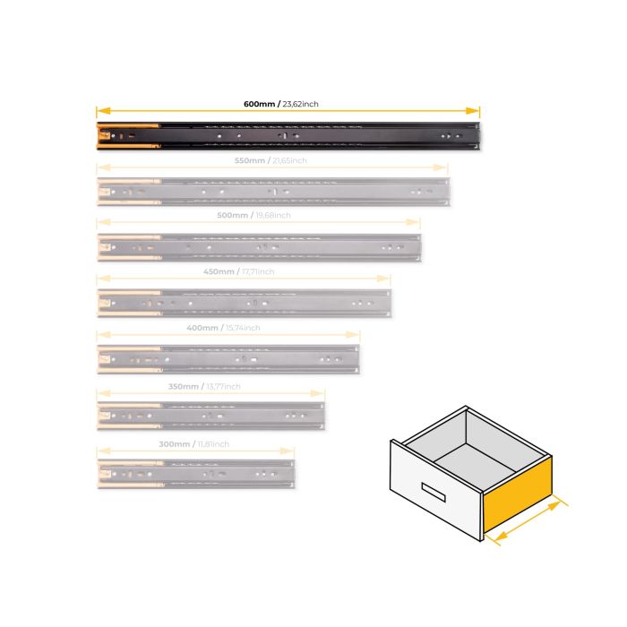 Emuca Lote de 5 juegos de guías para cajones, de bolas, altura 45mm, profundidad 600mm, extracción total, cierre suave, Negro 8