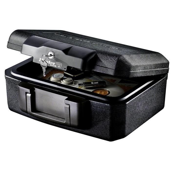 Master Lock Caja fuerte ignífuga transportable de 5L para documentos, USB y soportes multimedia, con cerradura de llave, negra.