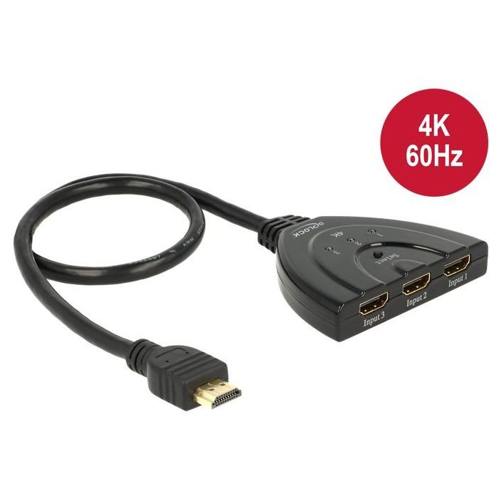 DELOCK HDMI Switch 3x HDMI In > 1x HDMI Out 4K con Cable Integrado 50 cm