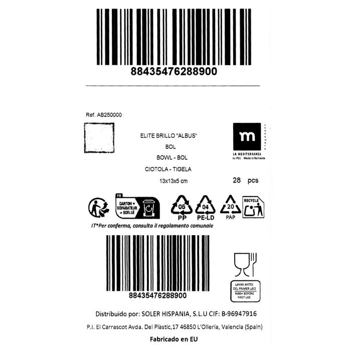La Mediterranea Bol Albus Elite Brillo 13 x 13 cm (28 Unidades)