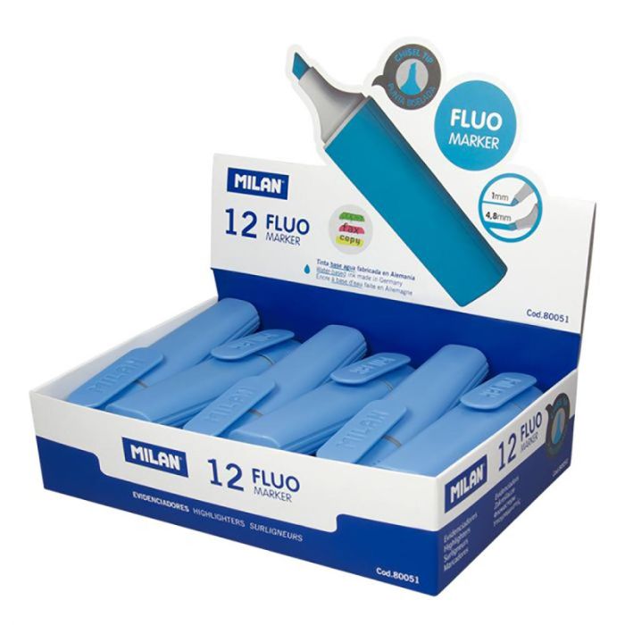 Milan Marcador Fluorescente Fluo Azul Punta Biselada Caja Expositora 12 Ud Milan Marcador Fluorescente Fluo Azul Punta Biselada Caja Expositora 12 Ud