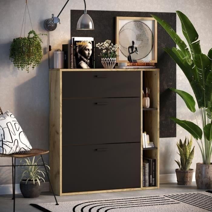 Zapatero LEONA de 2 puertas - Melamina negra y contorno de roble rústico - 8 a 10 pares - L90 x P25 x H102 cm 1 Zapatero LEONA de 2 puertas - Melamina negra y contorno de roble rústico - 8 a 10 pares - L90 x P25 x H102 cm 1
