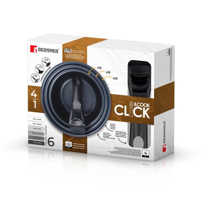 Bergner BG-31608-BK Set 3 Cazos Click & Cook Aluminio Prensado ø16 / ø18 / ø20 cm + Mango Multiusos Negro 3