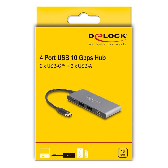 DeLOCK Concentrador USB 3.2 Gen 2, Hub 4 Puertos con 2 x USB-C 10 Gbps y 2 x USB-A, 15 W PD, Aluminio Gris, Cable 0.15 m 2