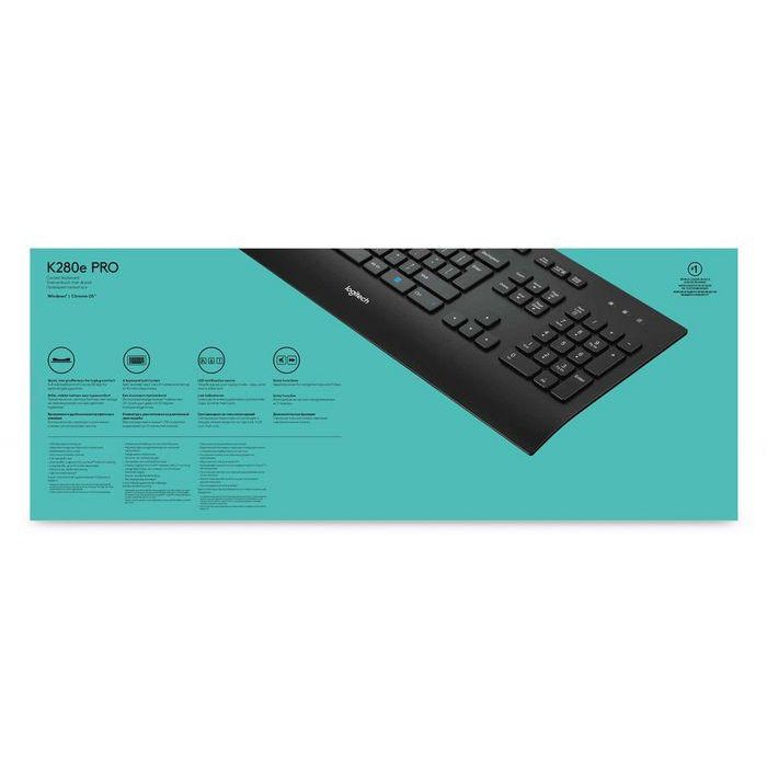 Logitech K280e Teclado USB, Resistente a salpicaduras, Reposamuñecas, Teclas silenciosas, Tamaño completo, Distribución US, Negro 9